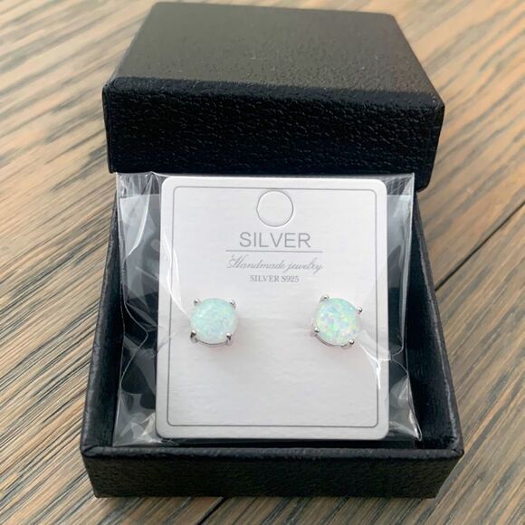 Men’s Iridescent Lab Opal Studs with Gift Box - October Birthstone Earrings - Picture 1 of 8